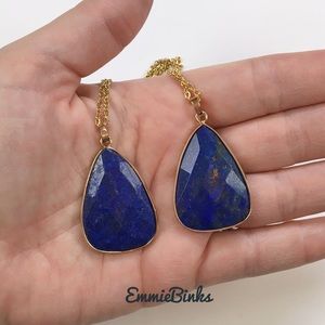 New Faceted Genuine Lapis Lazuli Triangular Pendant Necklace ~ Gold Plated Stone